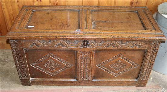 Early 18th century carved oak panelled coffer